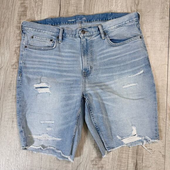Old Navy Light Wash Destructed Slim Fit Jean Shorts Mens 38 High Rise Distressed - Picture 2 of 8